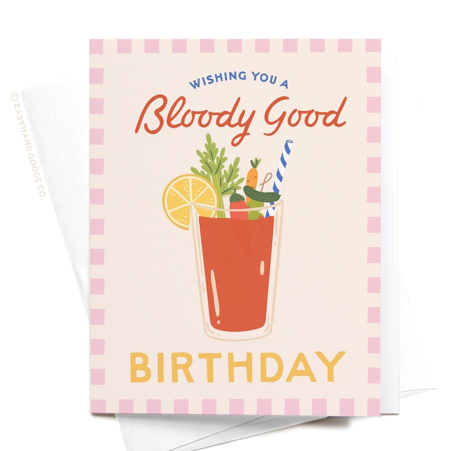 Birthday card with a Bloody Mary illustration and text on a checkered background