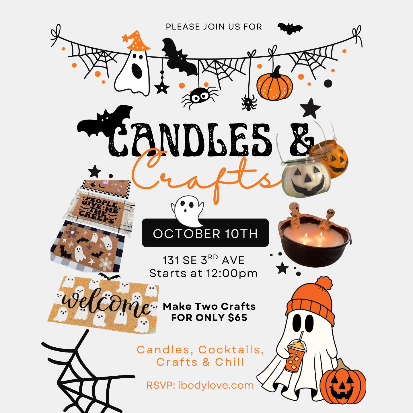 A Halloween-themed event flyer for 'Candles & Crafts' on October 10th, featuring cute illustrations of a witch, ghost, pumpkin, spiderwebs, and a cauldron on a light gray background.