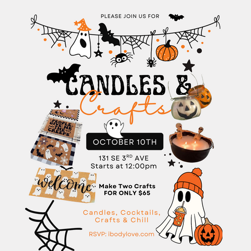 A Halloween-themed event flyer for 'Candles & Crafts' on October 10th, featuring cute illustrations of a witch, ghost, pumpkin, spiderwebs, and a cauldron on a light gray background.