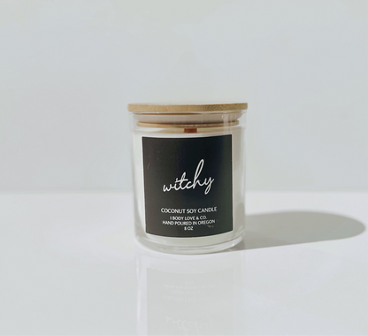 Witchy- Coconut Soy Candle- 10oz Jar, Wooden Wick