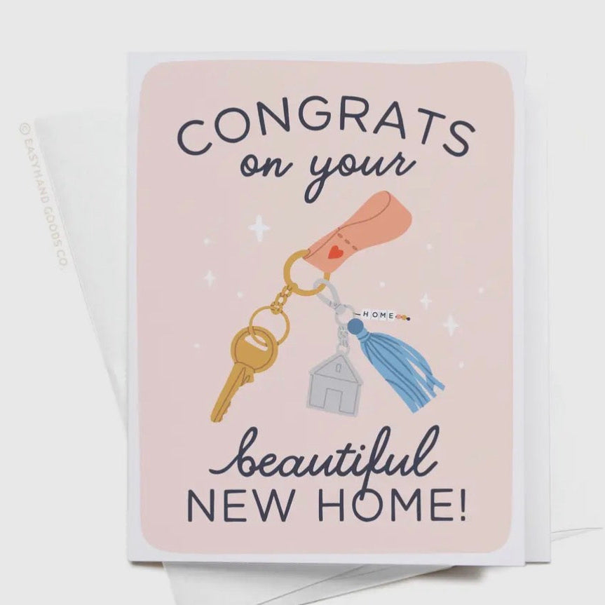 Greeting card with 'Congrats on your beautiful new home!' text and keychain illustration.