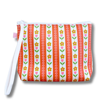 Small pouch with floral and striped pattern on a white background