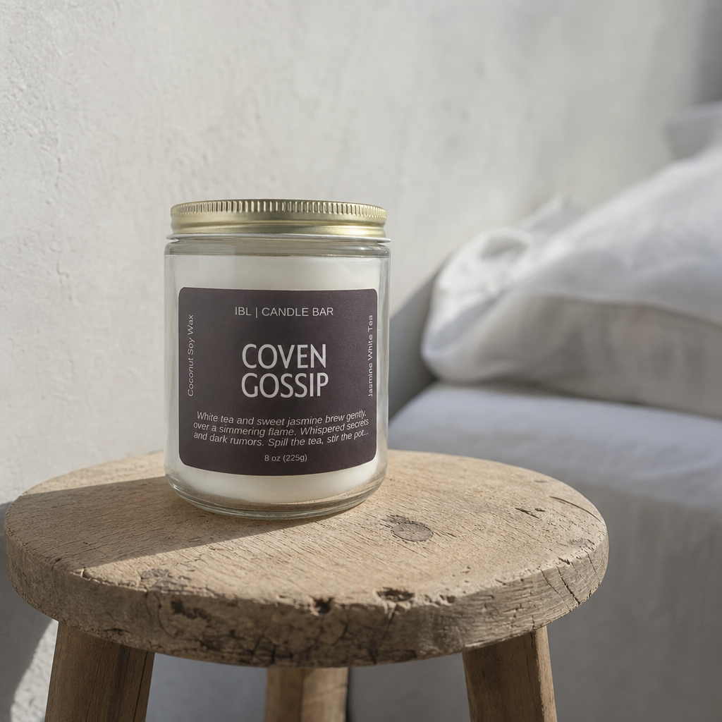A candle jar labeled 'Coven Gossip' by IBL Candle Bar, sitting on a rustic wooden stool in front of a softly blurred bedroom background with white bedding.