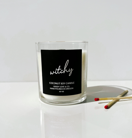 Witchy- Coconut Soy Candle- 10oz Jar, Wooden Wick