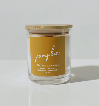 Pumpkin- Coconut Soy Candle, 10 oz Glass Jar, Wooden Wick