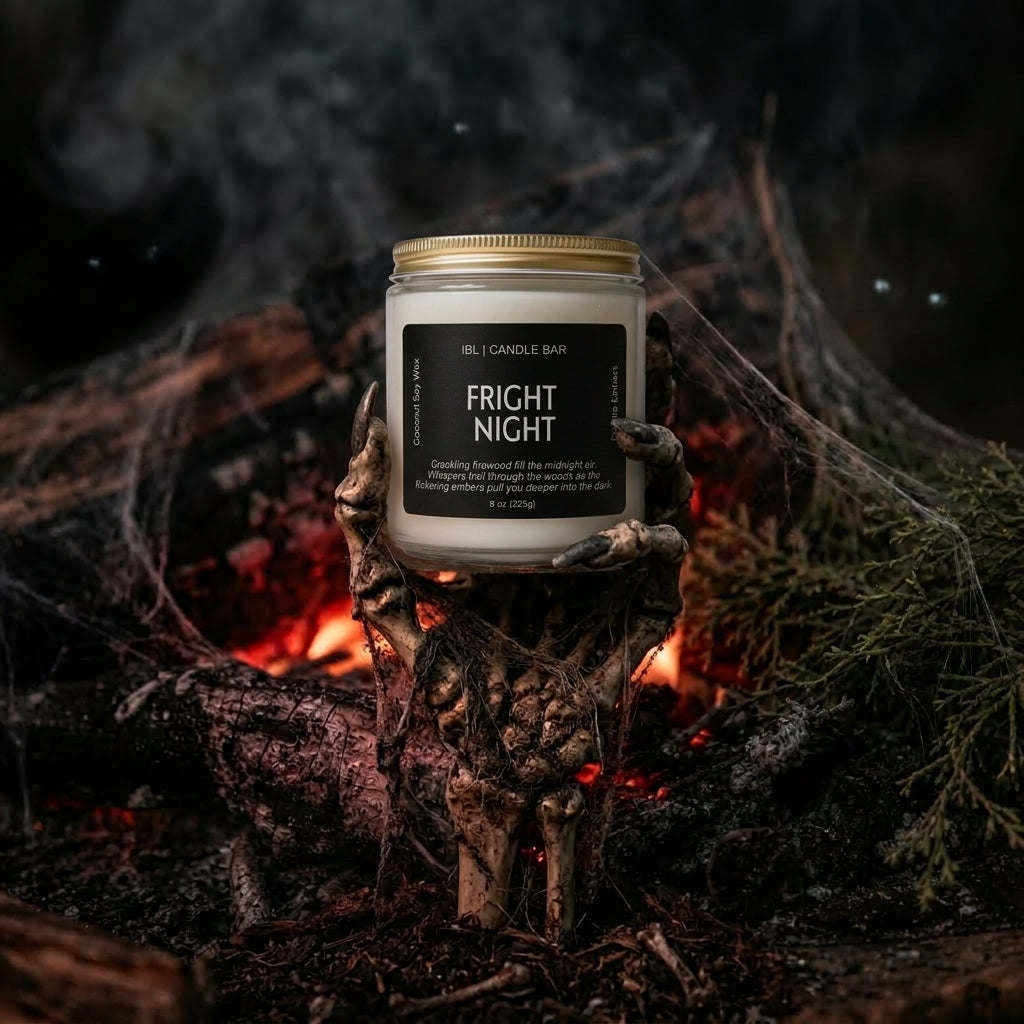 A jar candle labeled 'FRIGHT NIGHT' by Candle Bar is displayed on skeletal hands over a campfire with glowing embers and cobwebs in the background.