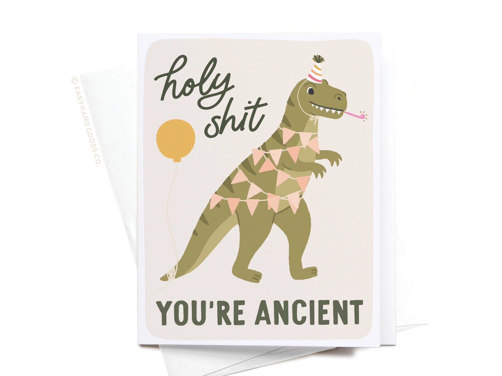 Card with a dinosaur illustration and humorous text on a white background
