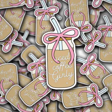 Stickers with iced coffee design and 'Girly' Coffee cup background