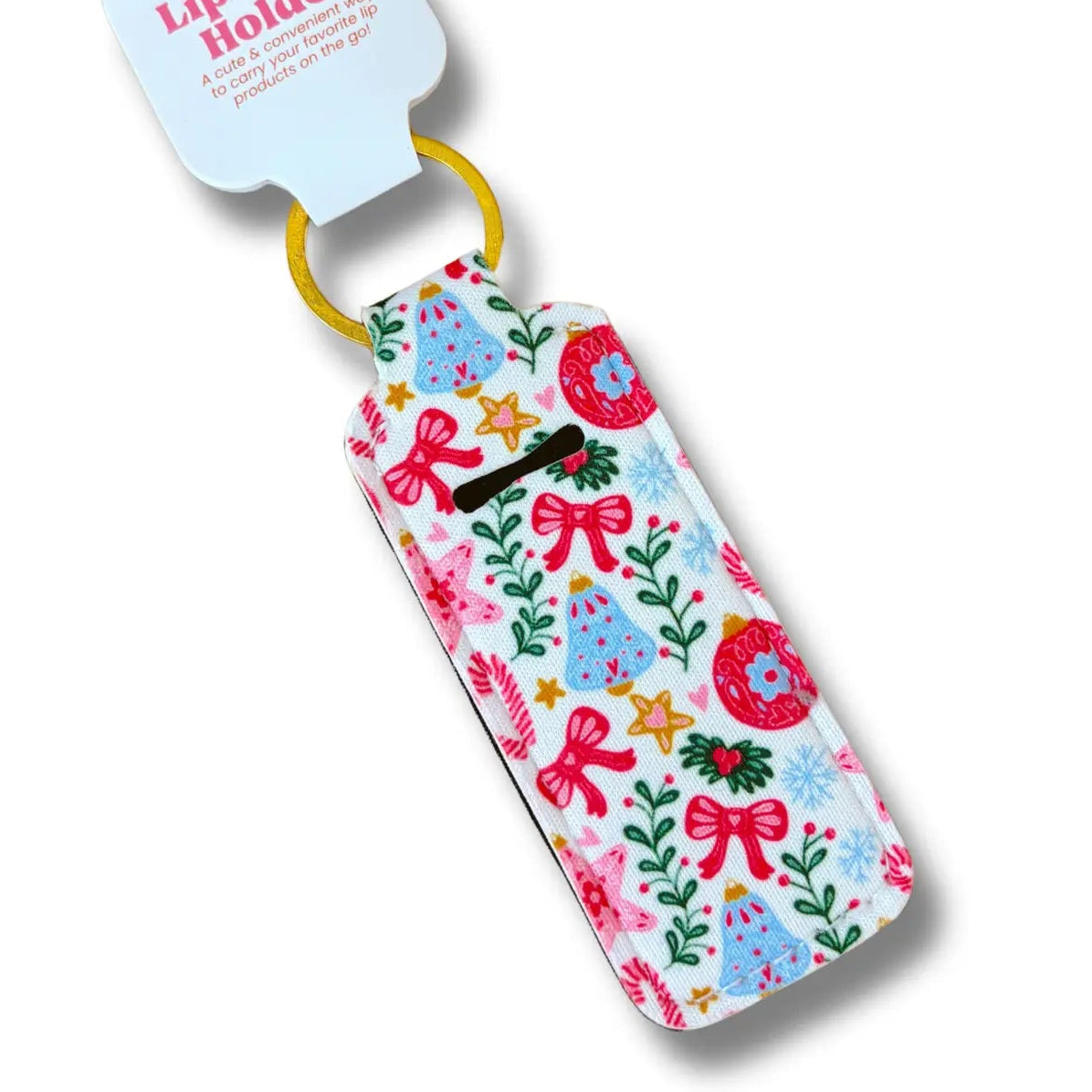 Lip balm holder with floral and bow pattern on a white background