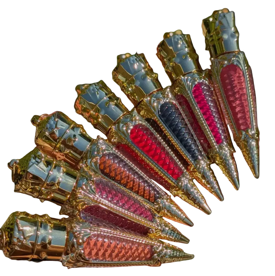 Decorative items resembling rocket ships with colorful designs on a white background