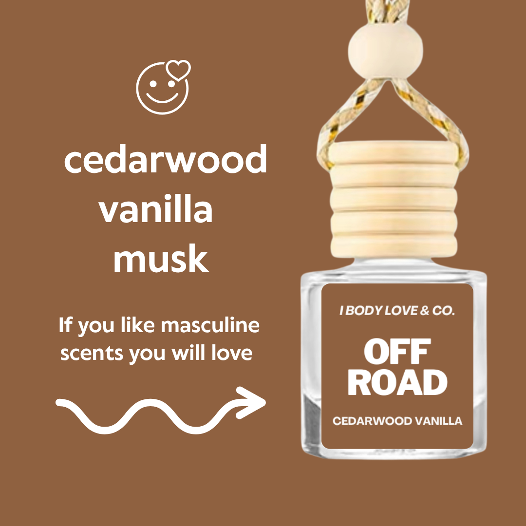 Car air freshener with 'cedarwood vanilla musk' scent on a brown background