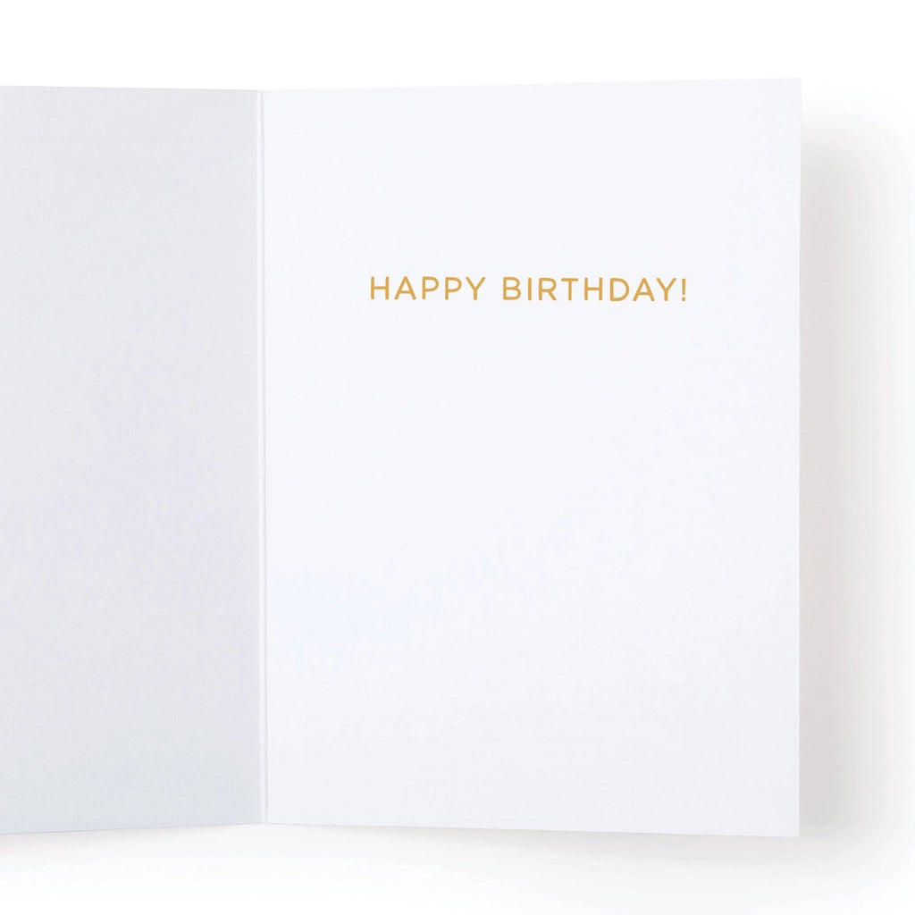 White card with 'Happy Birthday!' in gold on a white background