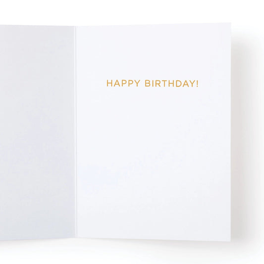 White card with 'Happy Birthday!' in gold on a white background