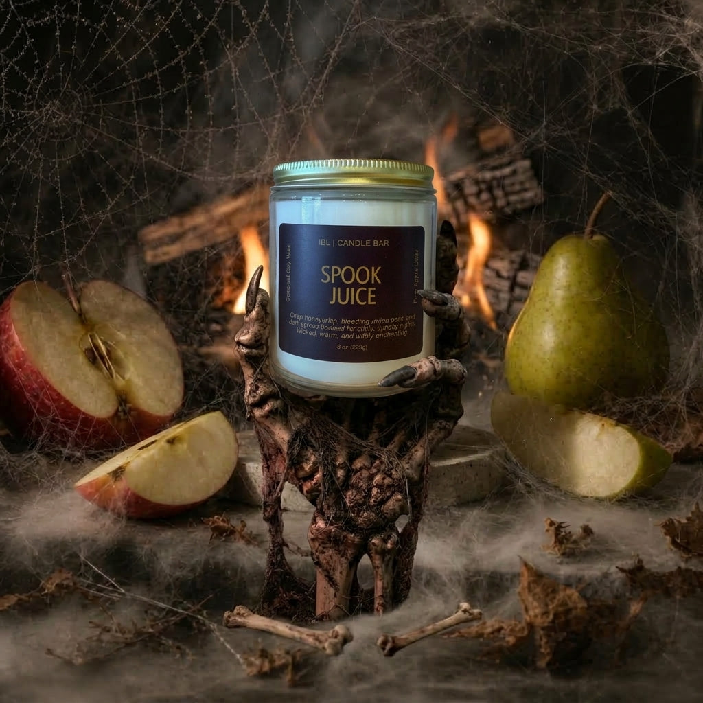 A candle jar labeled 'Spooktacular' by The Candle Shop, displayed on a dark wooden stand with a gothic aesthetic. The candle is surrounded by thematic props including sliced apples, a whole pear, spiderwebs, bones, and a burning log in the background.