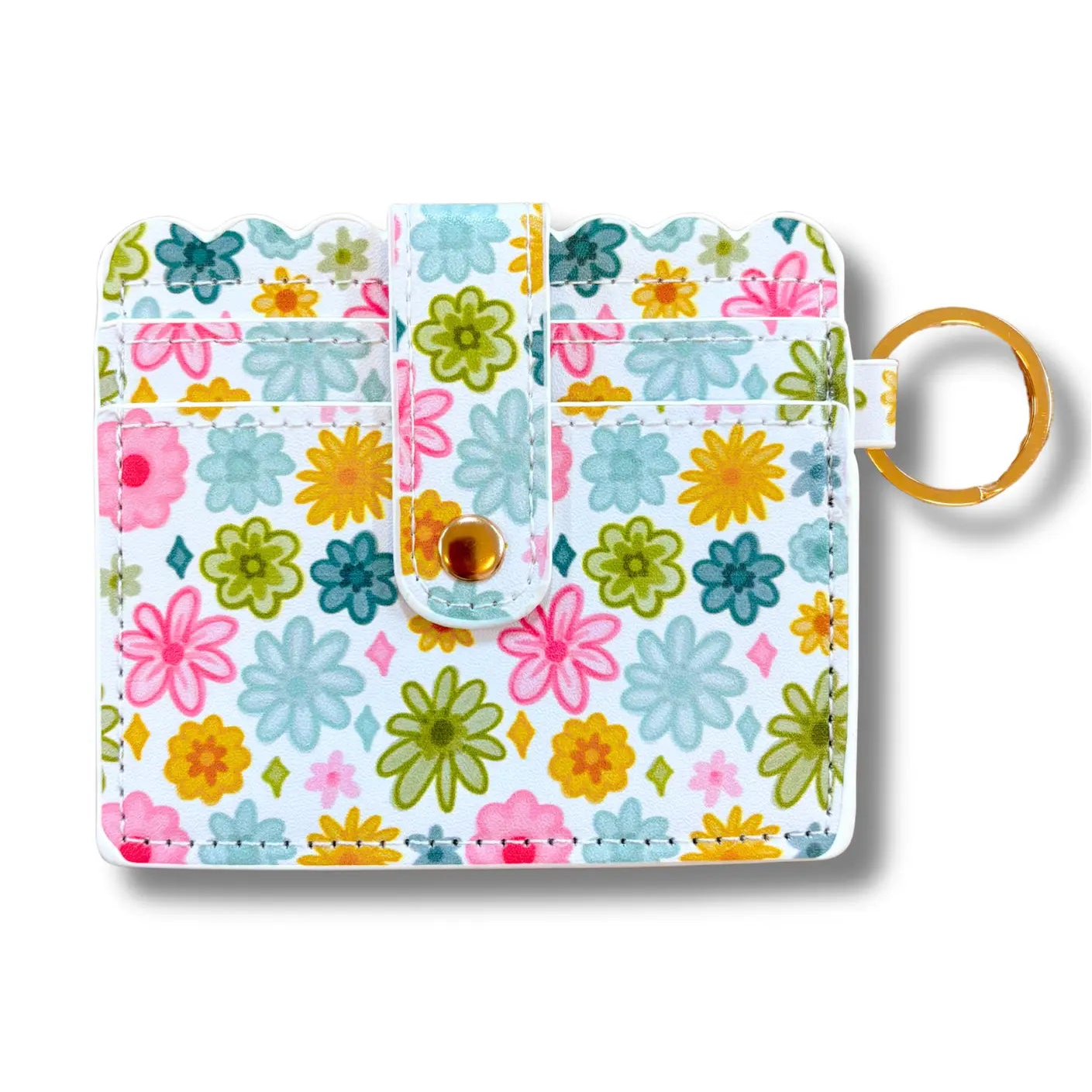 Floral-patterned keychain with colorful flowers on a white background