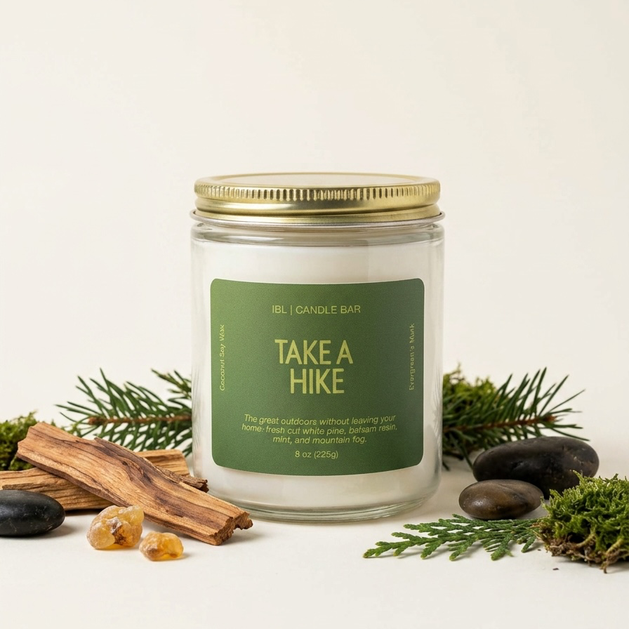 A glass jar candle with a gold metal lid and a green label reading 'TAKE A HIKE' by Catch & Breathe, styled with pine branches, moss, wood pieces, and smooth stones on a light neutral background.